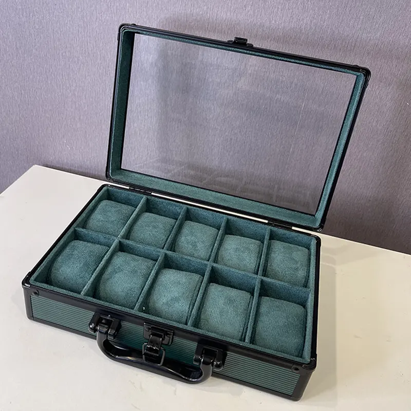 10 Slots Watch Organizer Dark Green High Materials With Top Glass Window